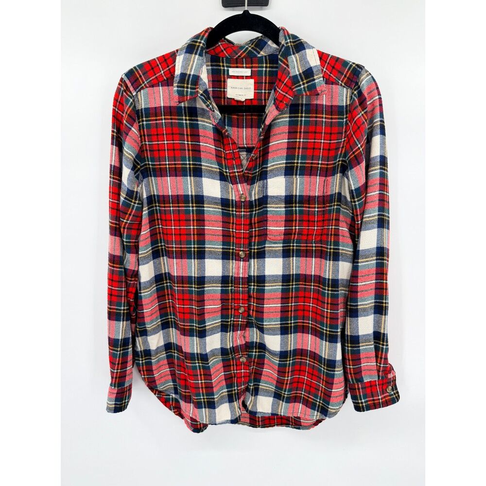 American Eagle Women’s Small Red Plaid Boyfriend Fit Flannel Button Down Shirt